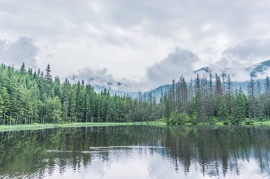 Dağ, göl ve bulutlu gökyüzü Tatra Milli Parkı'nda. Polonya, Avrupa. Güzellik Dünya.