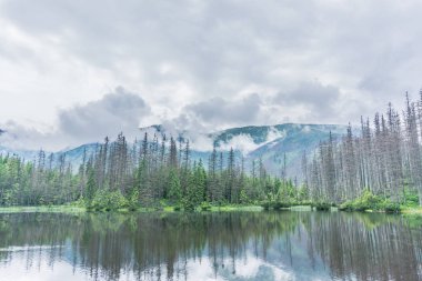 Dağ, göl ve bulutlu gökyüzü Tatra Milli Parkı'nda. Polonya, Avrupa. Güzellik Dünya.