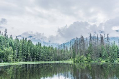 Dağ, göl ve bulutlu gökyüzü Tatra Milli Parkı'nda. Polonya, Avrupa. Güzellik Dünya.