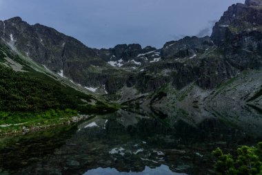 Dağ, göl ve bulutlu gökyüzü Tatra Milli Parkı'nda. Polonya, Avrupa. Güzellik Dünya.