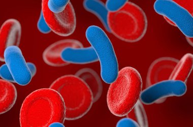 Kan hücreleri kırmızı zemin ile 3d mavi bakteri