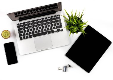 Office çalışma alanı, üstten görünüm bileşimi. Yüksek kalite.