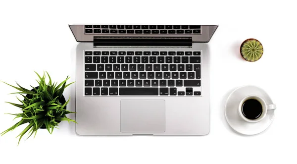 Top View Laptop Cup Coffee Cactus Grass Isolated White Background — Stock Photo, Image