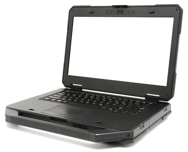 Laptop totalmente robusto com tela em branco, isolado em um branco — Fotografia de Stock