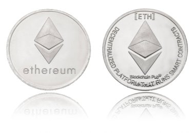 Gümüş ryptocurrency sikke-Etherum, beyaz üzerinde izole 