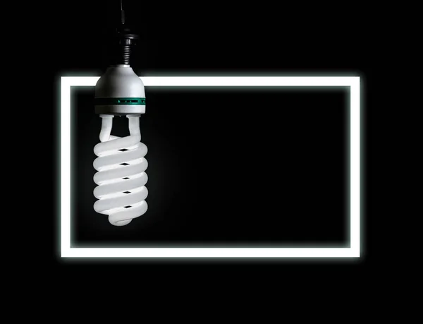 The white bulb lies on black background with neon frame.