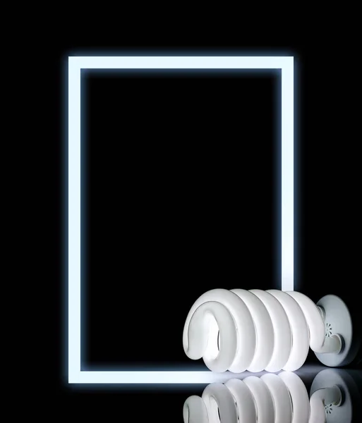 The white bulb lies on black background with neon frame.