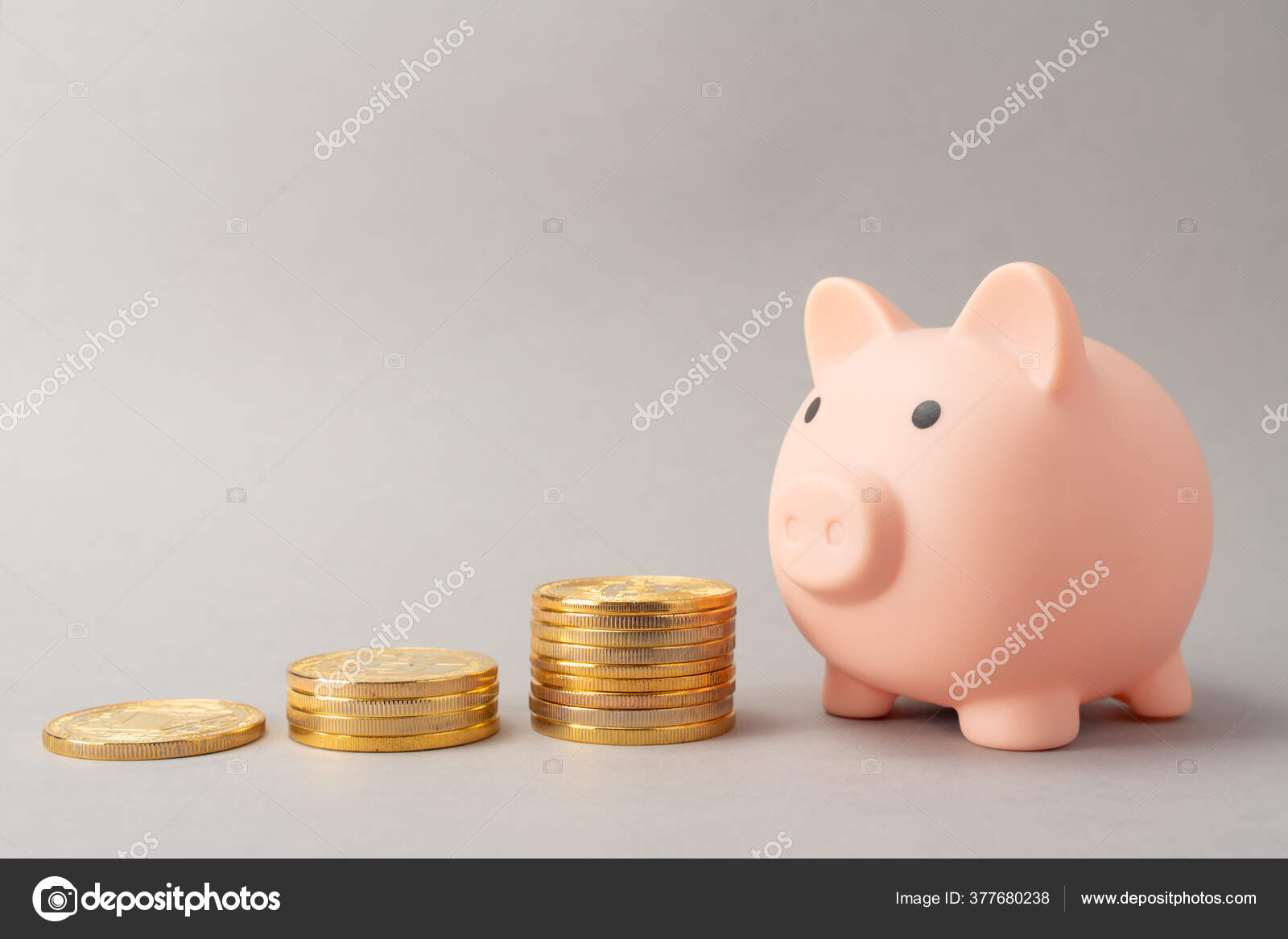 小猪银行的硬币持有概念.省钱的象征。灰色背景的钱箱。复制空间. ——图库图片© velishchuk1 #377680238