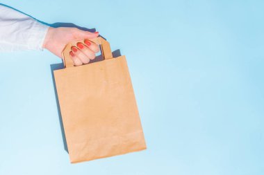hand holding shopping paper bag. Concept of consumerism, shopping symbol. Copy space trend pastel color. Hard shadows, morning light.