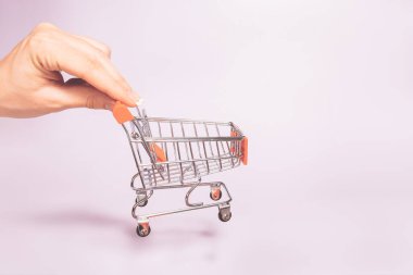 Boş metal alışveriş sepetini tutan el. Tüketim kavramı, alışveriş sembolü. Uzay eğilimi pastel rengini kopyala. Yumuşak gölgeler