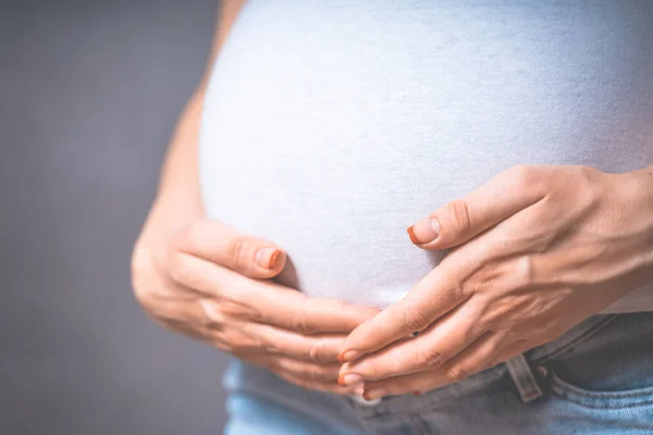 Hamile Bir Kadın Gri Bir Arka Planda Ele Tutuşuyor Hamilelik — Stok fotoğraf