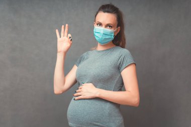 Pregnant woman show ok sign. Pregnancy And Infection concept. Pregnant Woman in Medical Face Mask against flu and viruses. Healthcare concept, copy space.