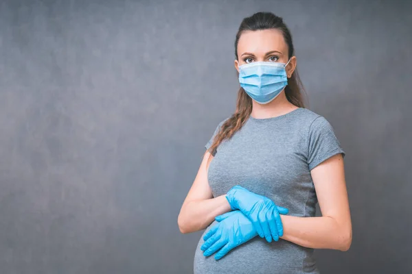 Pregnant Woman Blue Gloves Medical Face Mask Flu Viruses Healthcare — Stock Photo, Image
