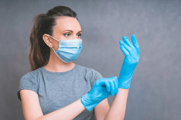 Yang Woman Put Blue Gloves Healthcare Infection Concept Woman Medical — Stock Photo, Image