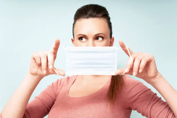 Health Infection Concept Yang Woman Wears Medical Face Mask Flu — Stock Photo, Image