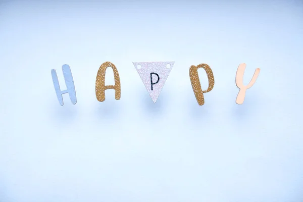 The word Happy on minimal pastel greeting card , frame, banner.