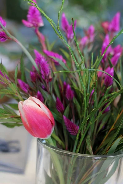 Pretty Floral Arrangement Tulip Foreground Shallow Depth Field Image Purple — Stock Photo, Image