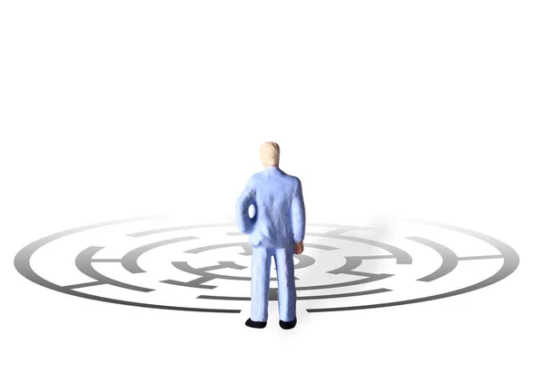 Mini Figure Businessman Watching Black Rounded Maze Two Alternative Way — Stock Photo, Image