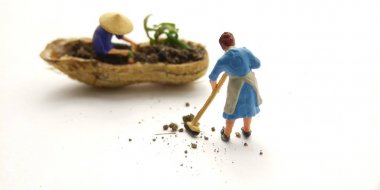 Kavramsal İllüstrasyon, Mücadele tutun, Mini Figür adam sınırlı alanda tarım, fıstık derisi, beyaz negatif alan ile