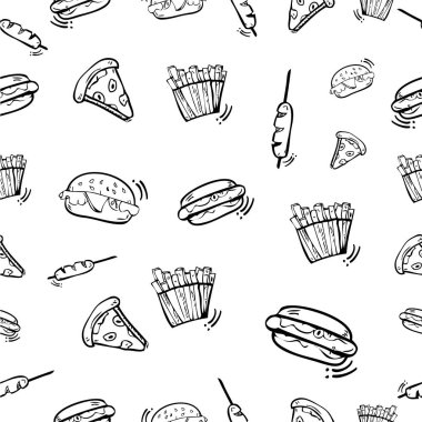 basit vektör dikişsiz desen el çizim kroki, Burger, Hotdog, Sosis, Patates Kızartması ve Pizza ambalaj kağıdı, arka plan, perde, vb için çizmek