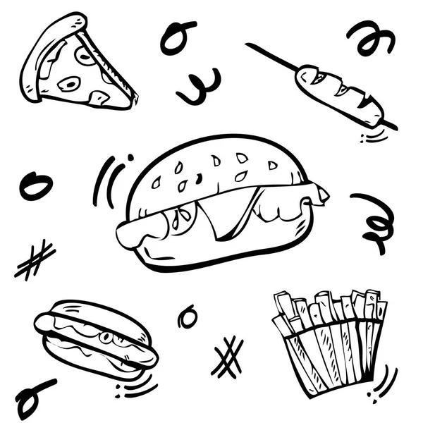 Słodkie Doodle Junk Food Burger Hotdog Kiełbasa Francuski Frytki Pizza — Zdjęcie stockowe
