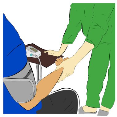 Vektör El, Başörtüsü ve Maskeli Hemşire kullanarak, Tıbbi Kontrol Yapan Oturan Adam, Eskiz Çizer