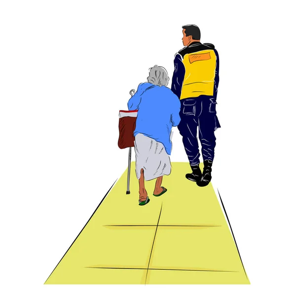 Ilustração Conceitual Simples Colorida Vetor Segurança Polícia Que Ajudam Mulher —  Vetores de Stock