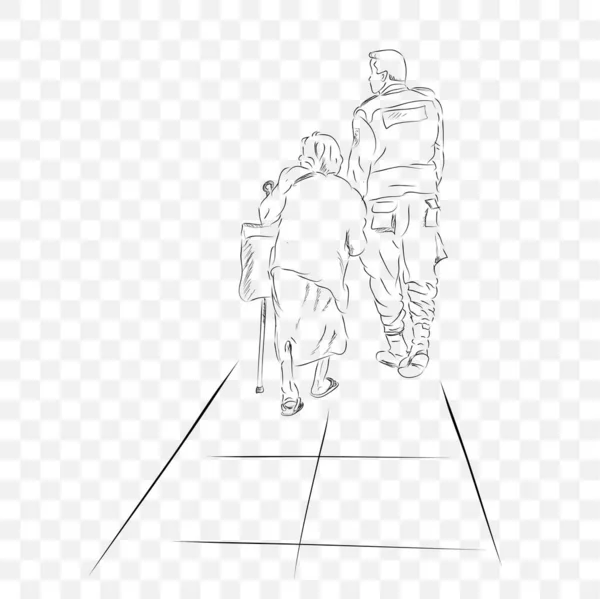 Simple Conceptual Vector Illustration Security Police Helping Old Woman Walking — Stock Vector