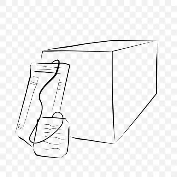 シンプルなベクトル手描きスケッチ モックアップブランクインスタントティーバッグとボックス 透明効果背景 — ストックベクタ