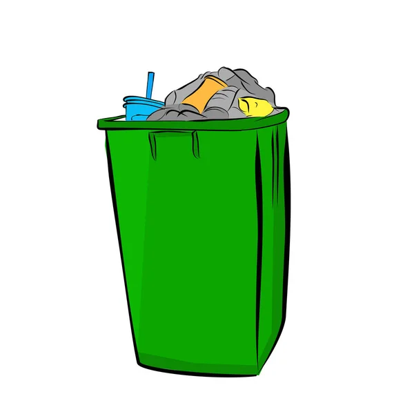 Vector Simple Hand Draw Sketch Colorful Full Dirty Trash Bin — Stock Vector