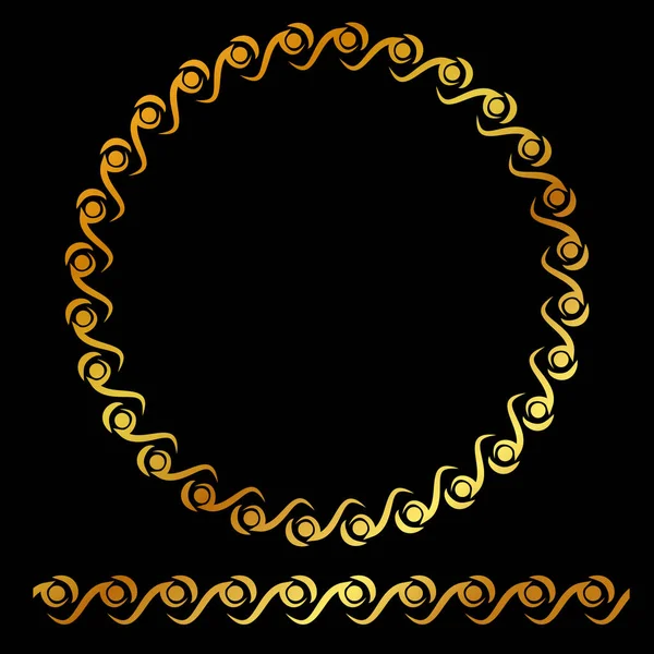 Vector Golden Rounded Corner Circle Floral Frame Auf Schwarzem Hintergrund — Stockvektor