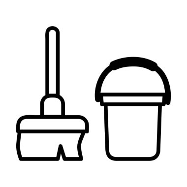 Basit Vektör, Simge Taslak Stye, Temizlikçi işareti, Süpürge ve Kova umumi tuvalette, beyaz arka planda