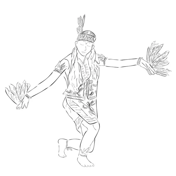 Simple Black Vector Outline Sketch Dayak Traditional Enggang Bird Dancer — Stockvector