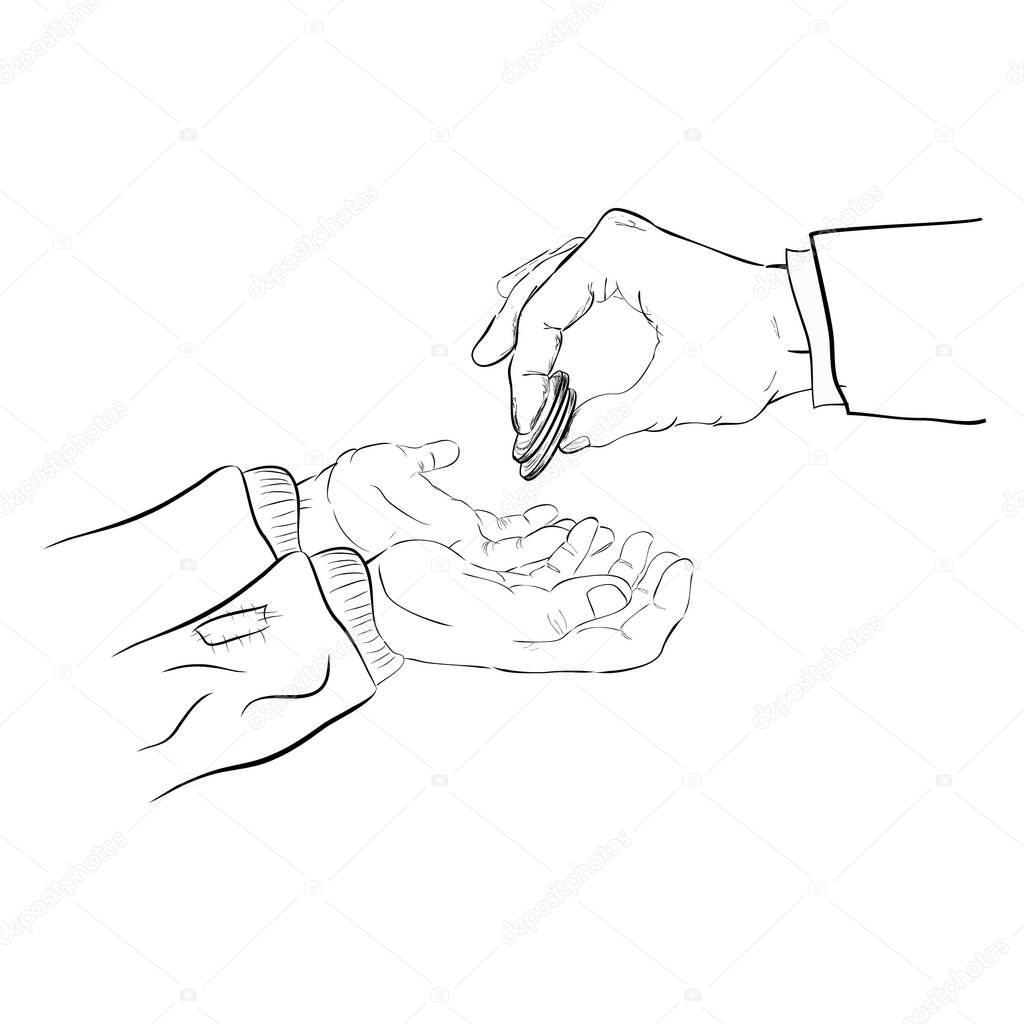 Vector Sketch rich man hand give a donation to a poor one
