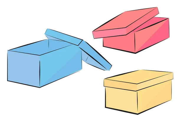 Vector Sketch Three Perspective Shoe Box Απομονωμένο Λευκό — Διανυσματικό Αρχείο