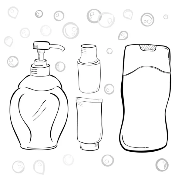 Einfache Handzeichnung Skizze Blank Flüssigseife Shampoo Mundspülung Zahnpasta Wassertropfen Und — Stockvektor