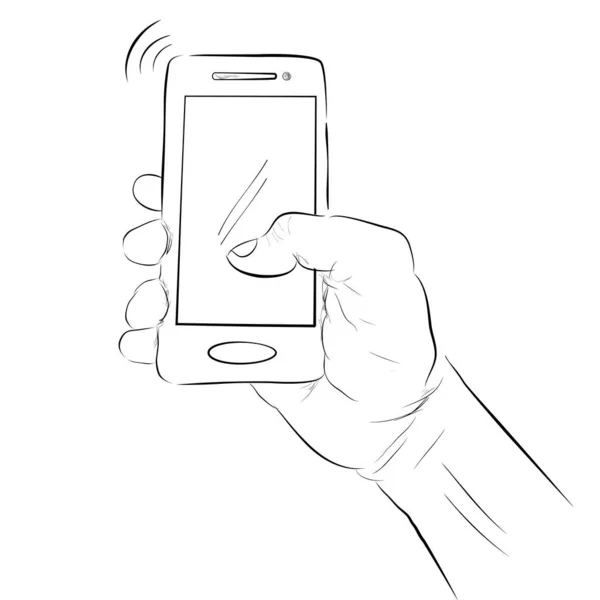 白色背景下手持智能手机的简单矢量草图 — 图库矢量图片