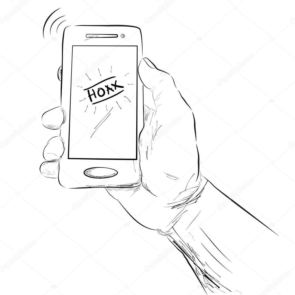 Simple Vector sketch, Hand Holding Smartphone with Hoax text, illustration for hoax or fake news, isolated on white