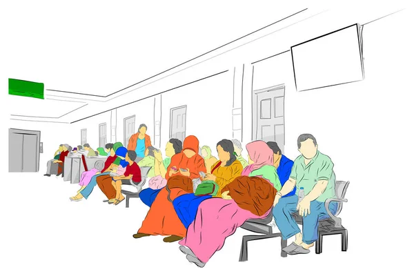 Inggris Simple Vector Sketch Colorful People Waiting Room Hospital - Stok Vektor