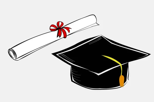 赤いリボンと黒の卒業キャップで証明書の簡単な手描きスケッチ — ストックベクタ