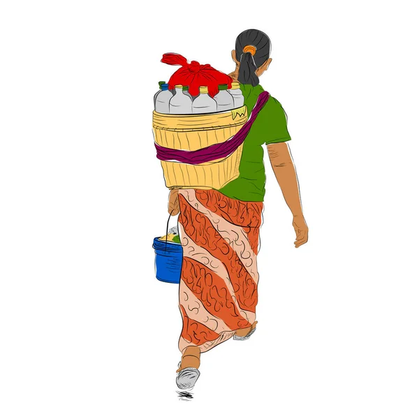 Vector Sketch Και Επίπεδο Χρώμα Του Περπατήματος Jamu Πωλητής Γυναίκα — Διανυσματικό Αρχείο