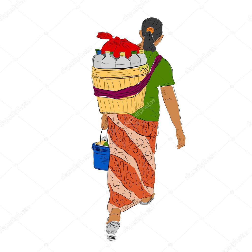 Vector Sketch and flat color of walking Jamu Seller Woman, Indonesia Traditional Herbal or organic Drink, view from Back