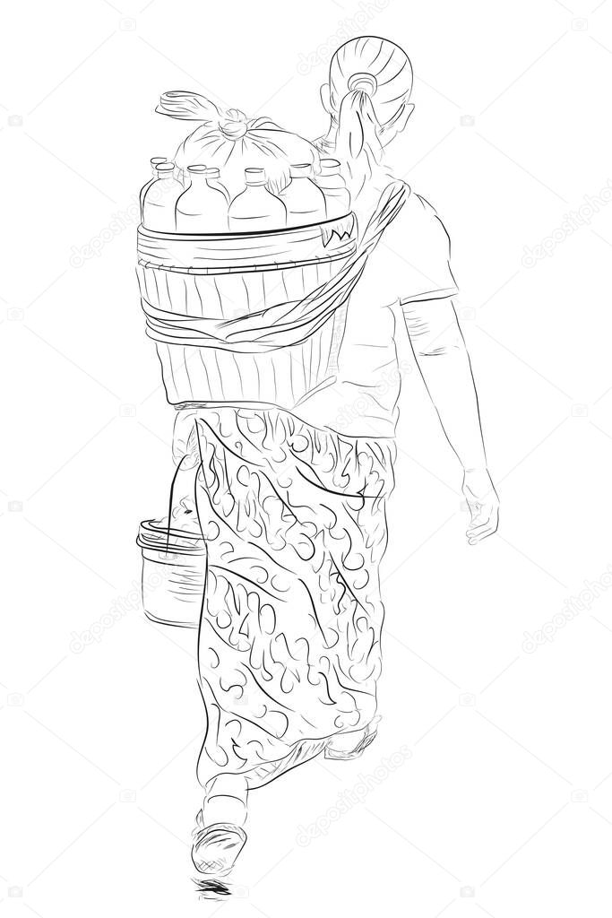 Vector sketch of young girl buy jamu, indonesia traditional herbal or organic drink from old lady seller 