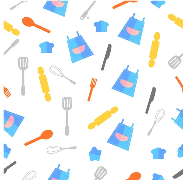 Simple Vector Flat Icon Seamless Pattern, Apron & Cooking Ware for Background, Wrapping Paper, Curtain, Banner etc