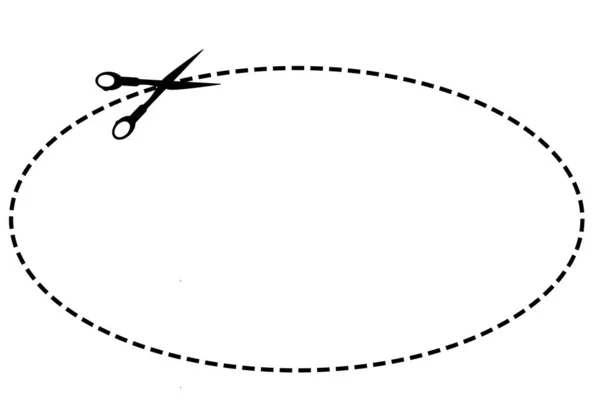 Segno Vettoriale Tagliato Qui Utilizzando Forbice Forma Ovale Isolato Bianco — Vettoriale Stock
