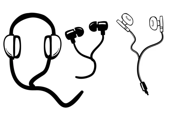 Kabelgebundener Kopfhörer Und Kopfhörer Einfaches Doodle Hand Draw Sketch — Stockvektor