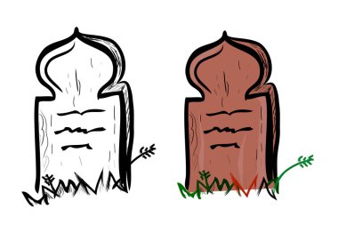 Basit Vektör Doodle El çizimi, Islma Tahta Mezar ve çimenler, beyaz üzerine izole edilmiş