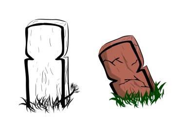 Basit Vektör El Çizimi, İslam Tahta Mezar ve Çimenler, Beyaz Çimenlikte İzole Edilmiş