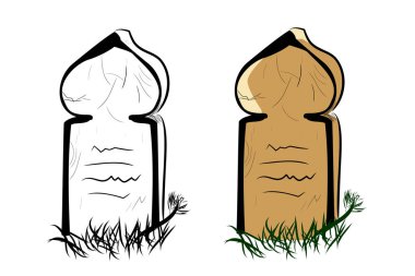 Basit Vektör El Çizimi, İslam Tahta Mezar ve Çimenler, Beyaz Çimenlikte İzole Edilmiş