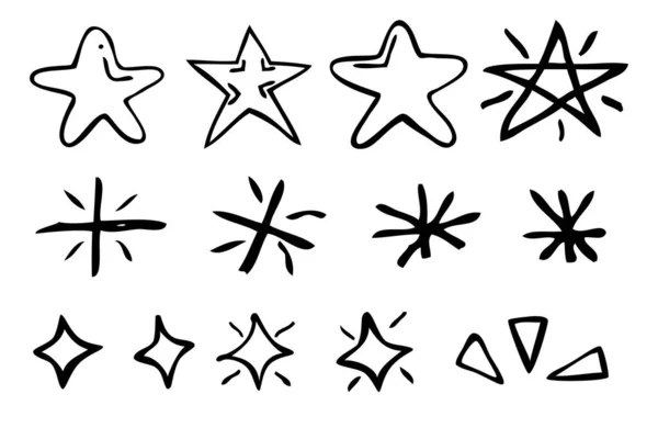 シンプルなアウトラインセット ベクトル手描きスケッチ 星や輝き効果 — ストックベクタ